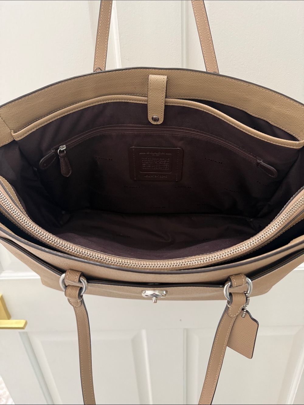 Coach Taupe Leather Tote with Turn-Lock Accent - Picture 3 of 11